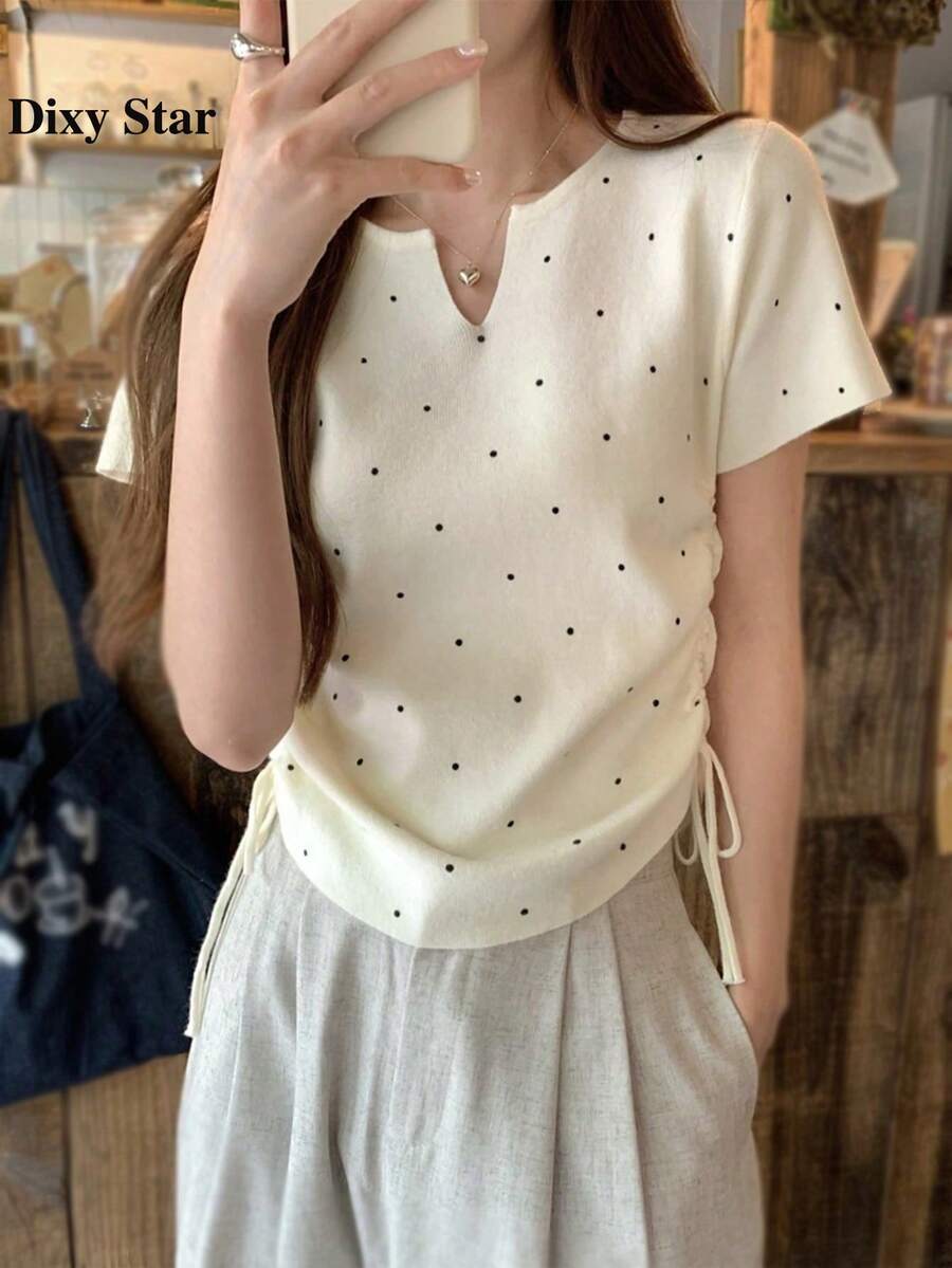 夏季韩版半V领波点抽绳针织短袖上衣