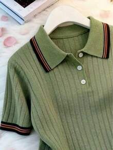 女款夏季通勤日常學院風百搭 Polo 領條紋撞色正肩針織短袖 T-shirt 上衣 - 軍綠色 - 查看 3