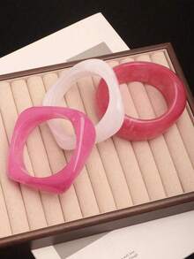 3pcs Set Vintage Exaggerated Thick Resin Bangle Set Women's Fashion Geometric Design Bracelets - Hot Pink - View 3