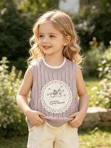 WUHUANG YIYI Baby Girls Cute Sweet Style Solid Color Striped Cartoon Unicorn Lace Applique Decor Sweater Vest Versatile Soft Spring Autumn - Mauve Purple - View 5