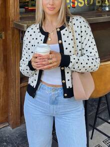 Women Fall Winter Casual Cardigan Sweater Long Sleeve Black With Polka Dot Tops Button Up Going Out Tops - Multicolor - View 5