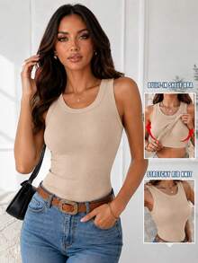 ChicMe Built-In Bra Sleeveless Ribbed Knit Tank Top Slim Fit Round Neck Basic Top - Apricot - View 4
