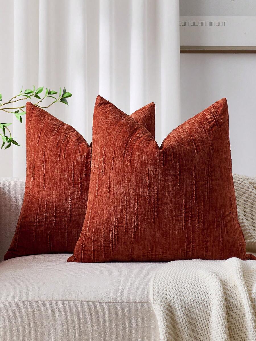 1/2 piezas Funda de cojín a rayas de color rojo óxido con estilo retro (Inserto de cojín no incluido), 100% poliéster tejido con cremallera, lavable a máquina, funda de cojín decorativa con patrón geométrico, adecuada para sofá, cama, comedor, oficina en casa - Óxido - Ver 1