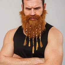 1pc Brown Viking Style 5-Braid & Double-Braid Faux Hair Beard - Wild Beard Styling, Suitable For Halloween, Christmas And Other Holiday Costume Props, Makeup Party Costume Accessories, Beard Mask, Cosplay Props - Multicolor - View 2