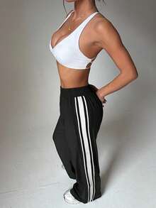 Women's Sports Side Patchwork Fashion Webbing Cuff Split Straight Leg Pants, Suitable For Daily Commute And Casual Sports - Black - View 2