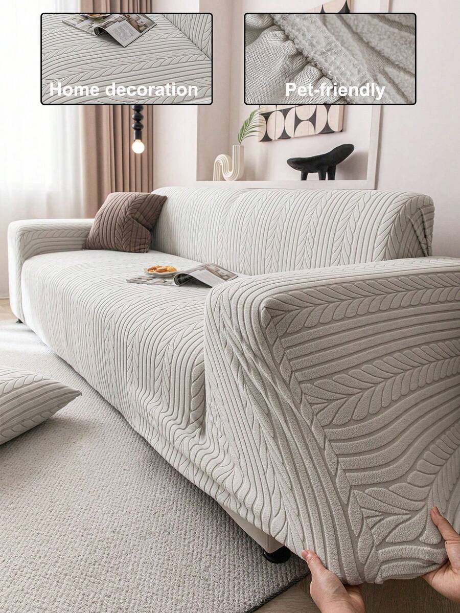 1pc Solid Color Jacquard Elastic Sofa Cover, INS Style All-Season Machine Washable, Pet-Friendly Dirt-Resistant Durable, Suitable For Living Room Bedroom Dining Room Outdoor, 1-2-3-4 Seater Sofa Cover, Free Non-Slip Strip - Light Grey - View 1
