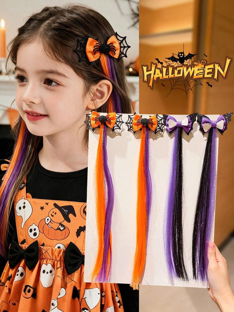 2Pcs Girls Halloween Spider Web Bow Hair Extensions, Orange Purple Black Gradient Glitter Long Ribbon Duck Clip, Halloween Holiday Costume Hair Accessories, Convenient And Practical Hair Extensions, Suitable For Halloween Gifts And Party Use