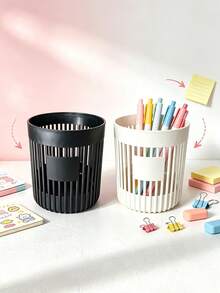 1pc Round Hollow Vertical Stripe Plastic Pen Holder, Minimalist Desktop Stationery Storage Organizer, Student Office Miscellaneous Items Storage Basket, Chopstick Holder, Back To School Essential - Multicolor - View 5