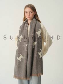 1pc Women's Dachshund Embroidered Cute Fashion Versatile Wool Scarf, Warm Essential For Autumn/Winter Daily Wear - Grey - View 7