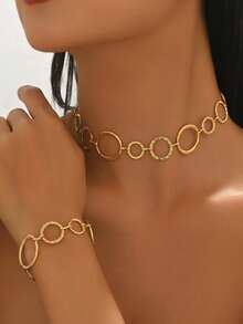 2pcs Fashion Elegant Asymmetrical Geometric Circle Necklace + Bracelet Set, Suitable For Daily Wear, Holiday Gifts, Casual Vacation - Yellow Gold - View 5