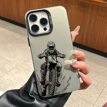 1pc Black Matte IMD Colorful Silver Laser Personalized Line Drawing Off-Road Motorcycle Pattern Phone Case Compatible With IPhone 16 Pro Max/17/16/15/14 Plus/13/12/11/Air And Series - Multicolor - View 3