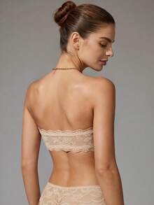 1pc Women's Romantic Sexy Lace Trim Wire-Free Padded-Free Comfortable Bandeau Bra - Apricot - View 2