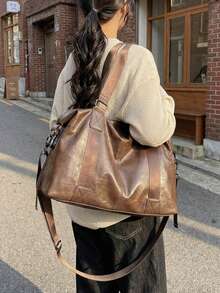 1pc Solid Color Minimalist Fashion Multi-Function Women's Bag, Large Capacity Shoulder Tote Bag, Suitable For Women's Daily Commute And Work - Brown - View 5