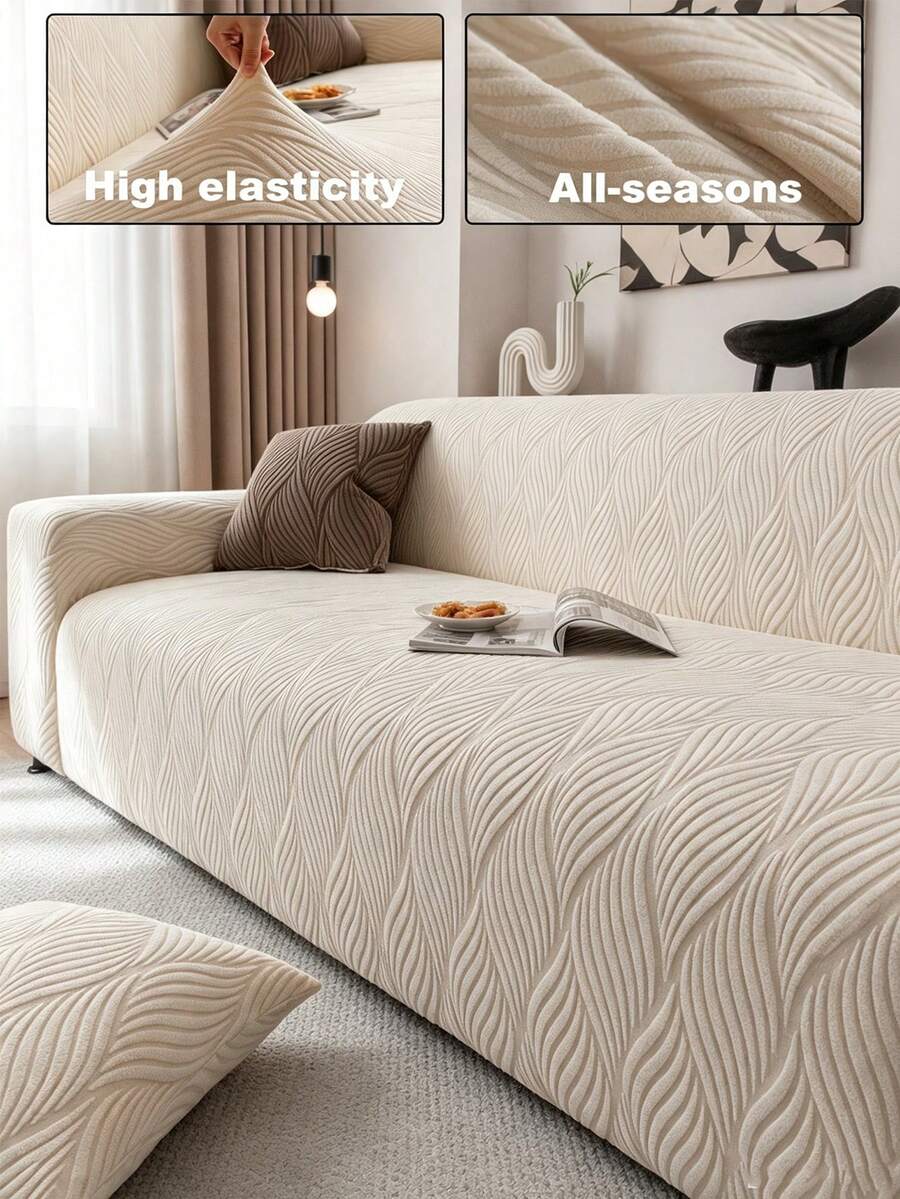 1pc Multifunctional Jacquard Fleece Sofa Cover, Furniture Dust Protection Cover, Machine Washable, Suitable For Bedroom, Living Room, Office And Other Home Decor, Fits 1/2/3/4 Seat Sofa (Multiple Sizes Available) - Beige - View 1