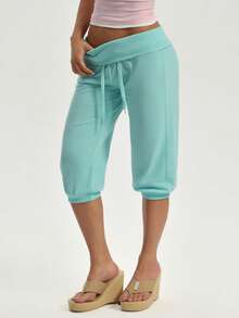 Women Fold Over Waist Capri Joggers,Drawstring Elastic Cuff Cropped Pants,Soft Knit For Summer,Athleisure,Gym,Holiday,Daily Wear - Baby Blue - View 3