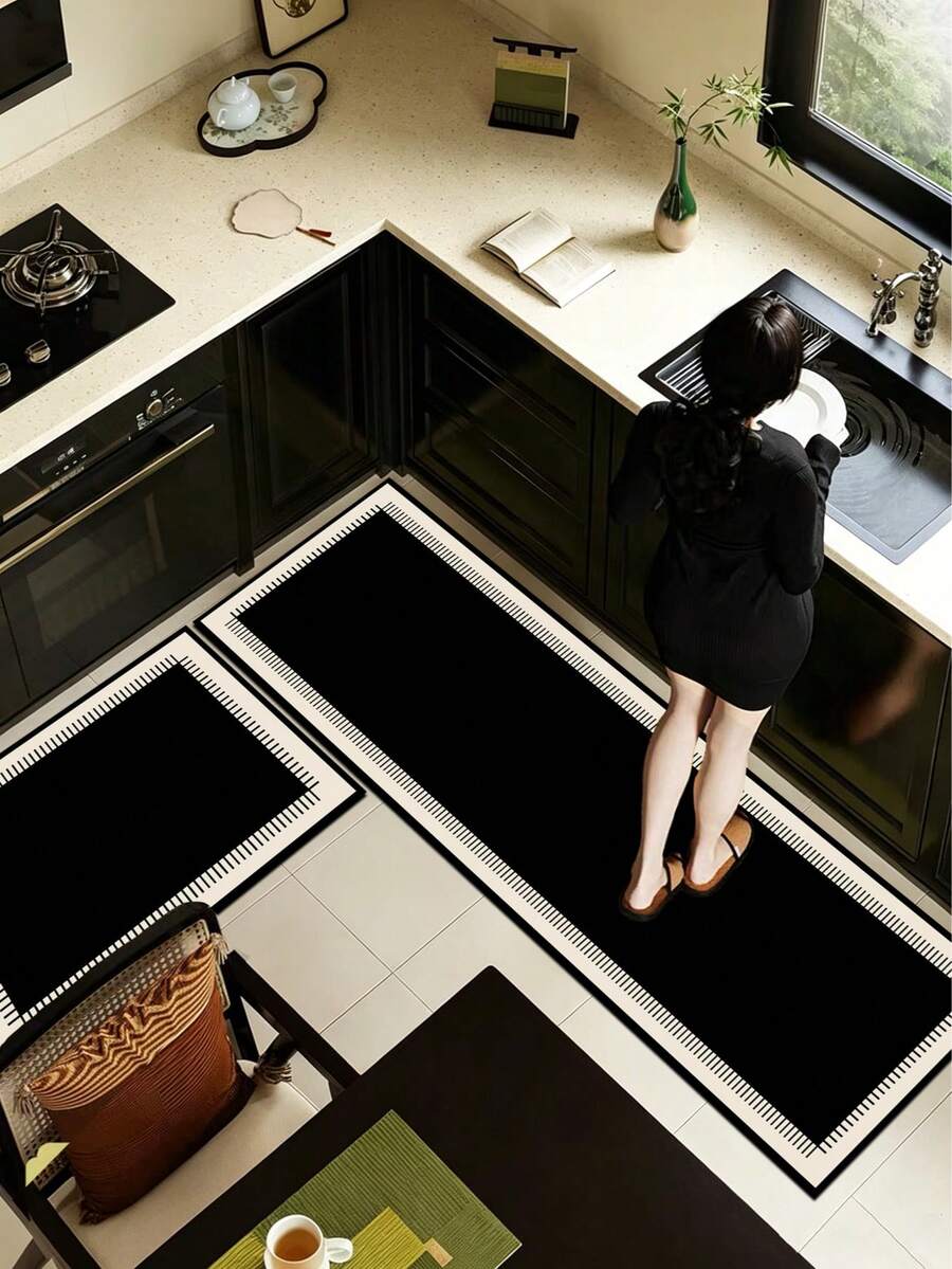 1pc Minimalist Black & White Striped Border Diatom Mud Kitchen Mat, 3.5mm Trimmable, Suitable For Kitchen, Bathroom, Entryway, Living Room, Rubber Non-Slip, Absorbent, Anti-Fatigue, Wear-Resistant Floor Mat For Whole House - Multicolor - View 1