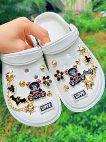 18pcs Gold & Black Bear, Flower, Bat, Letter, Heart, Rivet Punk Style Shoe Charms Accessories Compatible With Perforated Slippers DIY Decor - Black and Gold - View 3