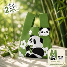2pcs Cute Panda Handbag With Panda Accessories, Large Capacity Knitted Woven Bag, Versatile Cartoon Tote Bag, New Holiday Gift Bag Souvenir - Multicolor - View 6