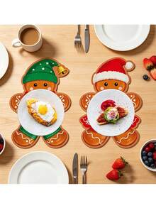 2pcs Christmas Gingerbread Man Placemats/Heat Resistant Pads, Heat Resistant, Vintage Red & Green Gingerbread Man Decor, Suitable For Winter Holiday Table Setting, Family Gatherings, Kitchen And Home Decor - Multiple Styles - View 4