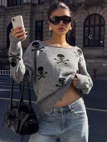 BuyK [Tops]Halloween Skull Print Crewneck Sweater Grey Long Sleeve Knit Pullover Casual Loose Top - Gray 1 - View 2