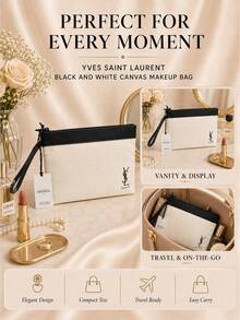 YSL Black And White Canvas Makeup Bag, 23*14.5cm, Sold Individually, Minimalist Contrast Design, Zipper Closure, Portable, Suitable For Daily Storage And Travel - Black and White - View 9
