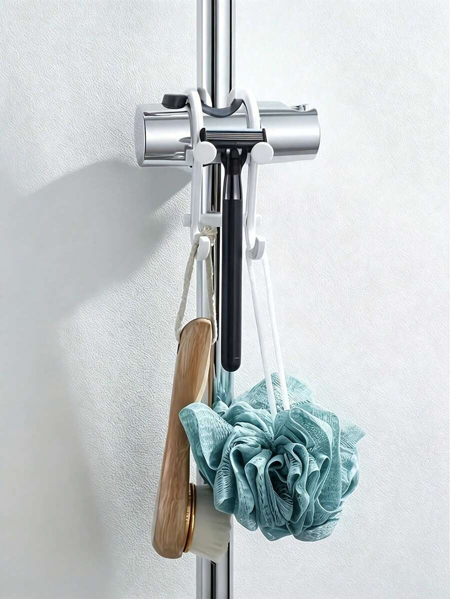 1pc Black Multi-Function Bathroom Storage Hook, No-Drill Towel Rack, Bath Sponge Holder, Razor And Cleaning Tool Storage Rack, Suitable For Shower Rod, Glass Door And Shelf, Also Can Be Used As Phone Stand