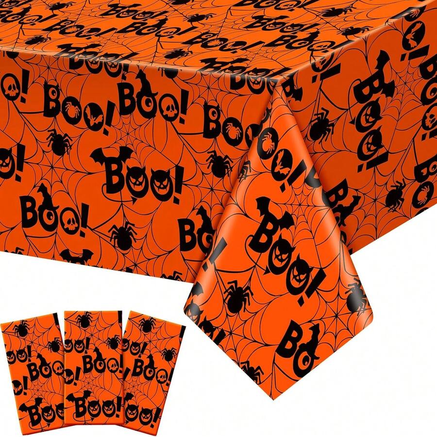 3pcs/1pc Halloween Disposable Plastic Rectangular Halloween Themed Tablecloth, Orange Spider Web Print, Suitable For Halloween, Christmas Party Table Decoration, Party Tablecloth Decoration 54*105 - Orange - View 1