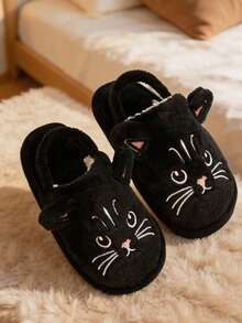 A Pair Of Fashionable And Cute Cartoon Black Cat Embroidered And Decorated Warm Slippers, Suitable For Children To Wear - Black - View 5
