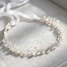 Bridal Wedding Handmade Pearl & Crystal Soft Chain Headband With White Tulle Ribbon Hair Accessory - White - View 5