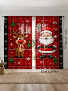 2Pcs Cartoon Santa Claus & Red Nose Reindeer Curtains, Red Plaid Winter Print Pattern, Holiday Window Decor, Semi-Sheer Rod Pocket Curtains, Suitable For Living Room And Bedroom, Rod Not Included, Living Room Christmas Curtains - Cartoon - View 13