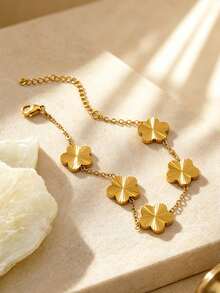 VceTd 1 Set Elegant Style Stainless Steel Women's Jewelry Set With Four-Leaf Clover Element, Suitable For Fashionable Wear - Yellow Gold - View 7