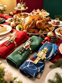 12pcs/6PCS/3PCS Christmas Nutcracker Soldier Napkin Rings, Full Set Of 3 Metal Nutcracker Napkin Buckles, Christmas Table Napkin Ring Decoration Set With Painted Rhinestone Accents, Holiday Party Table Napkin Cloth Ring, Home Decor, Christmas Restaurant Table Setting Decoration, Hotel Tabletop Decoration Supplies - Multicolor - View 5