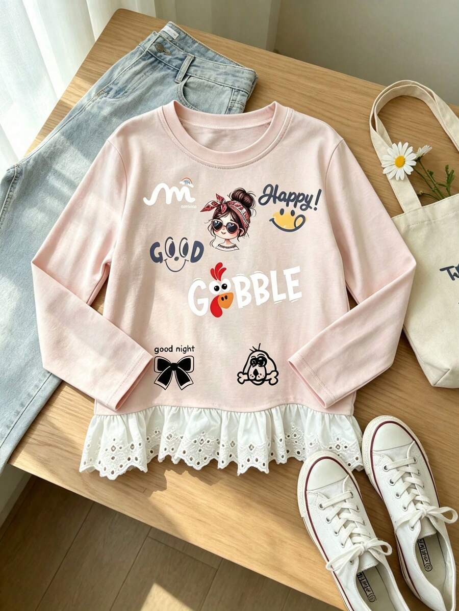 8-12Y Girls Cute Printed Solid Color Ruffle Long Sleeve T-Shirt Top, New Autumn/Winter Fashion - Pink - View 1