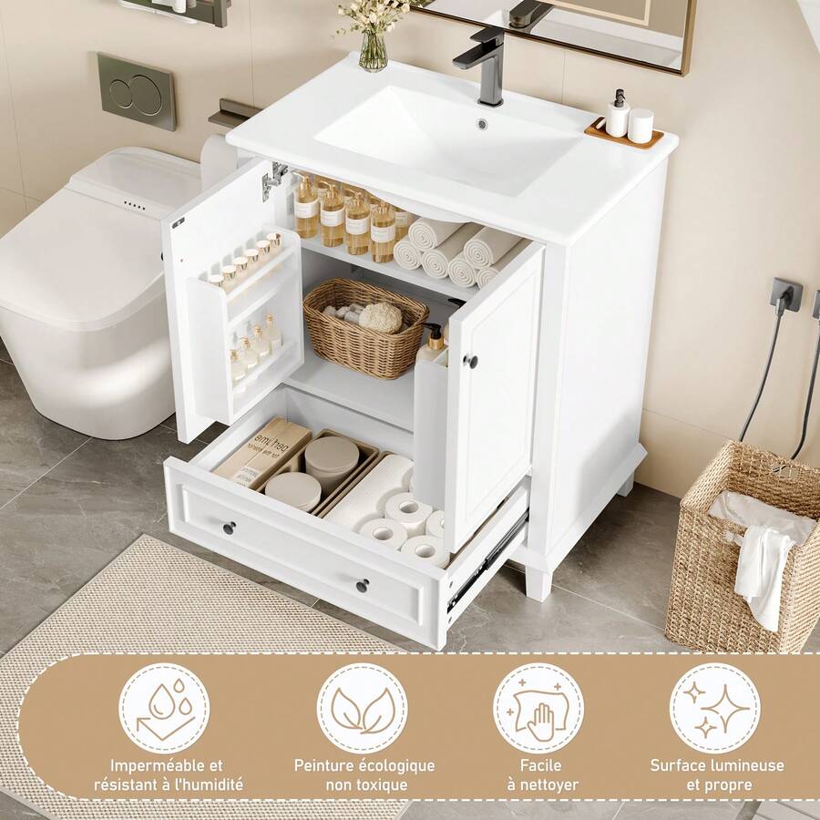Bathroom Vanity Made Of Wood With Storage Adjustable With Drawers Black - 白色 - 查看 1