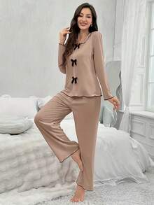 Women's Fashion Lace Trim Patchwork Bow Long Sleeve Pants Loungewear Set, Spring Summer Autumn - Khaki - View 3
