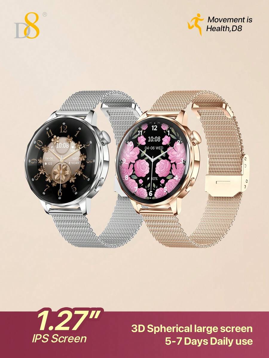 D8 女款智慧手錶 Elegant Moment Light Bloom，1.27 吋 360*360 HD 全觸控螢幕，可接聽/撥打電話，超清晰螢幕健身追蹤器，心率/睡眠/血氧監測，相容 iPhone/Android，110+ 種運動模式