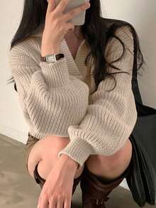 YCYC Sweater Hoodie Lengan Panjang Warna Polos Nyaman untuk Musim Gugur/Dingin - Khaki - View 5