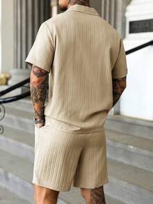 YUNCHIC Men's Vertical Ribbed Texture 2 Pieces Set, Cuban Collar Short Sleeve Button-Up Shirt And Drawstring Shorts Outfit, Summer Casual Vacation Sportswear - Khaki - View 4