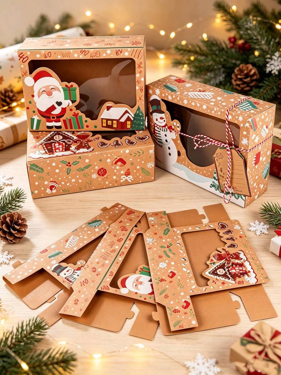 12/9/6/3pcs Christmas Gift Storage Box,With Transparent Window, Santa Snowman & Gingerbread House Print Detail, Christmas Gift Packaging Box, Suitable For Christmas Celebration, Holiday Gift Giving Christmas Gifts Christmas Decorations For Home