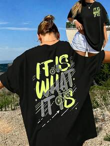 Casual Oversized Round Neck Drop-Shoulder T-Shirt By Mme Xia, Plus Size, Comfortable And Slightly Elastic. - 黑2 - 查看 7