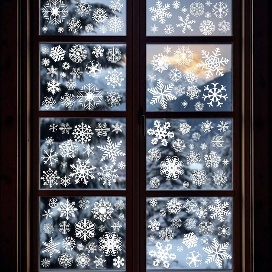 5pcs/Set 20*30cm Glue-Free Reusable PVC Christmas Static Glass Stickers, Winter White Snowflake Patterns In Various Sizes, Easy To Apply And Remove Without Residue Window Decor, Suitable For Christmas, New Year, Winter Party, Home Living Room, Store Window, Classroom, Office And Glass Door/Window Decoration - Multicolor - View 1