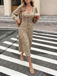 Women Fall Floral Midi Dress, Square Neck Long Sleeve Button Front Vintage Print A‑Line Dress - Multicolor - View 1
