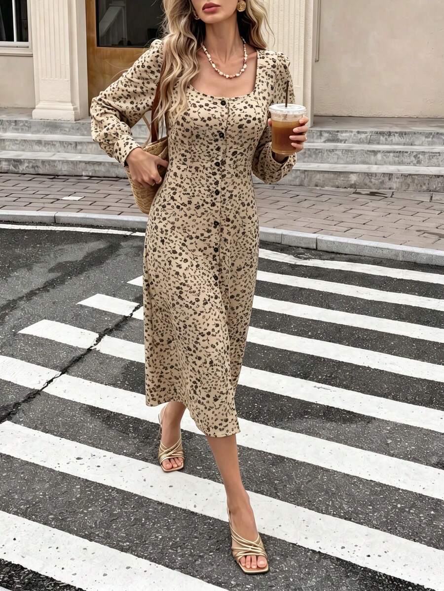 Women Fall Floral Midi Dress, Square Neck Long Sleeve Button Front Vintage Print A‑Line Dress - Multicolor - View 1