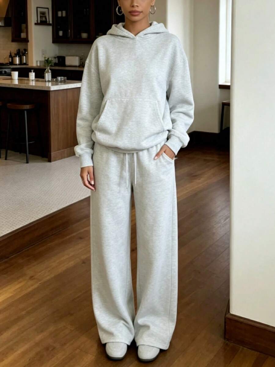 Solid Color Long Sleeve Hoodie & Pocket Drawstring Sweatpants 2 Pieces Set - White - View 1