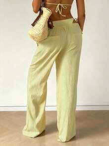 Women's Casual Comfortable Versatile Linen Loose Flowy Wide Leg Pants, Effortless Style - Light Yellow - View 9