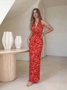 Gaun Maxi Halter Jala Bunga Merah Colysmo, Gaun Pesta Malam Formal Bodycon Tanpa Punggung dengan Leher Kerah dan Belahan Belakang untuk Pernikahan dan Pesta Koktail untuk Wanita - Merah - View 5