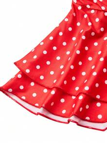 Women's Red & White Polka Dot Backless Spaghetti Strap Deep V-Neck Cutout Waist Pleated Short Top + Mini Skirt 2 Pieces Set - Red - View 9