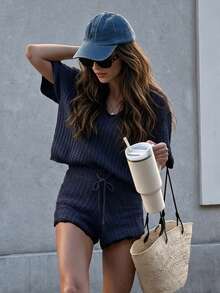 Senya New Spring/Summer 2 Pieces Set, Includes Short Sleeve Crew Neck Knit Top And Shorts, Preppy Style, Elegant And Sophisticated - Royal Blue - View 1