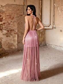 Gaun Malam Maxi Elegan Mewah Musim Panas dan Gugur dengan Kerah Halter Dua Lapis, Rumbai Berkilau, Punggung Terbuka dan Tali Ikat untuk Pesta Gala Pernikahan serta Prom - Baby Pink - View 2