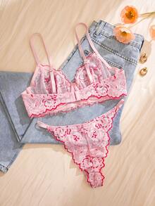 1 Set Women's Lingerie Set Lace Patchwork Underwire Thin Cup Sweet Sexy Comfortable Lingerie Set - Pink - View 7